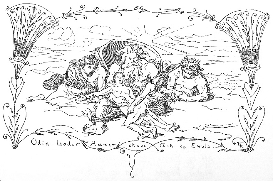 Hœnir, Lóðurr và Óðinn tạo ra Askr và Embla (1895) – tranh minh họa của Lorenz Frølich