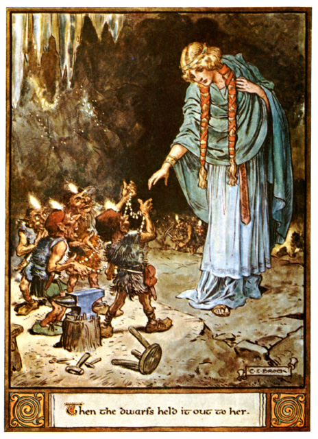 Freyja mặc cả Brísingamen với nhóm người lùn (1930) – tranh của Charles E. Brock