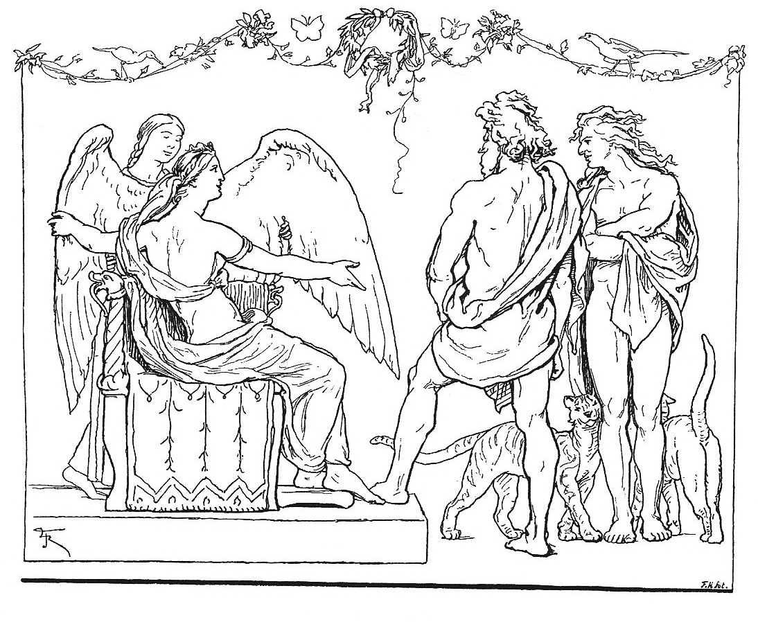 Freyja cho Þórr và Loki mượn áo lông chim ưng (1895) - tranh minh họa của Lorenz Frølich