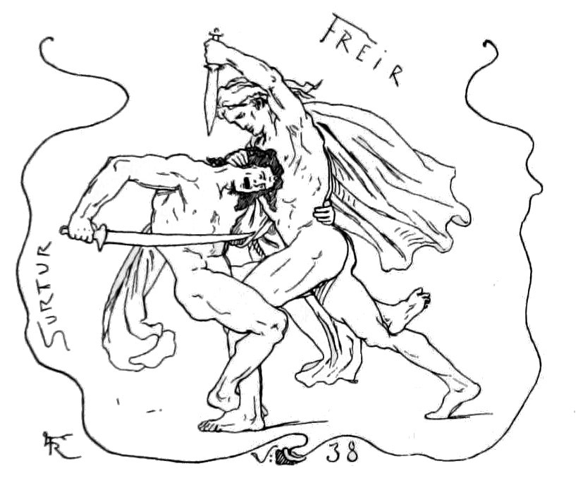Freyr và Surtr giao chiến tại Ragnarök (1895) – tranh minh họa của Lorenz Frølich