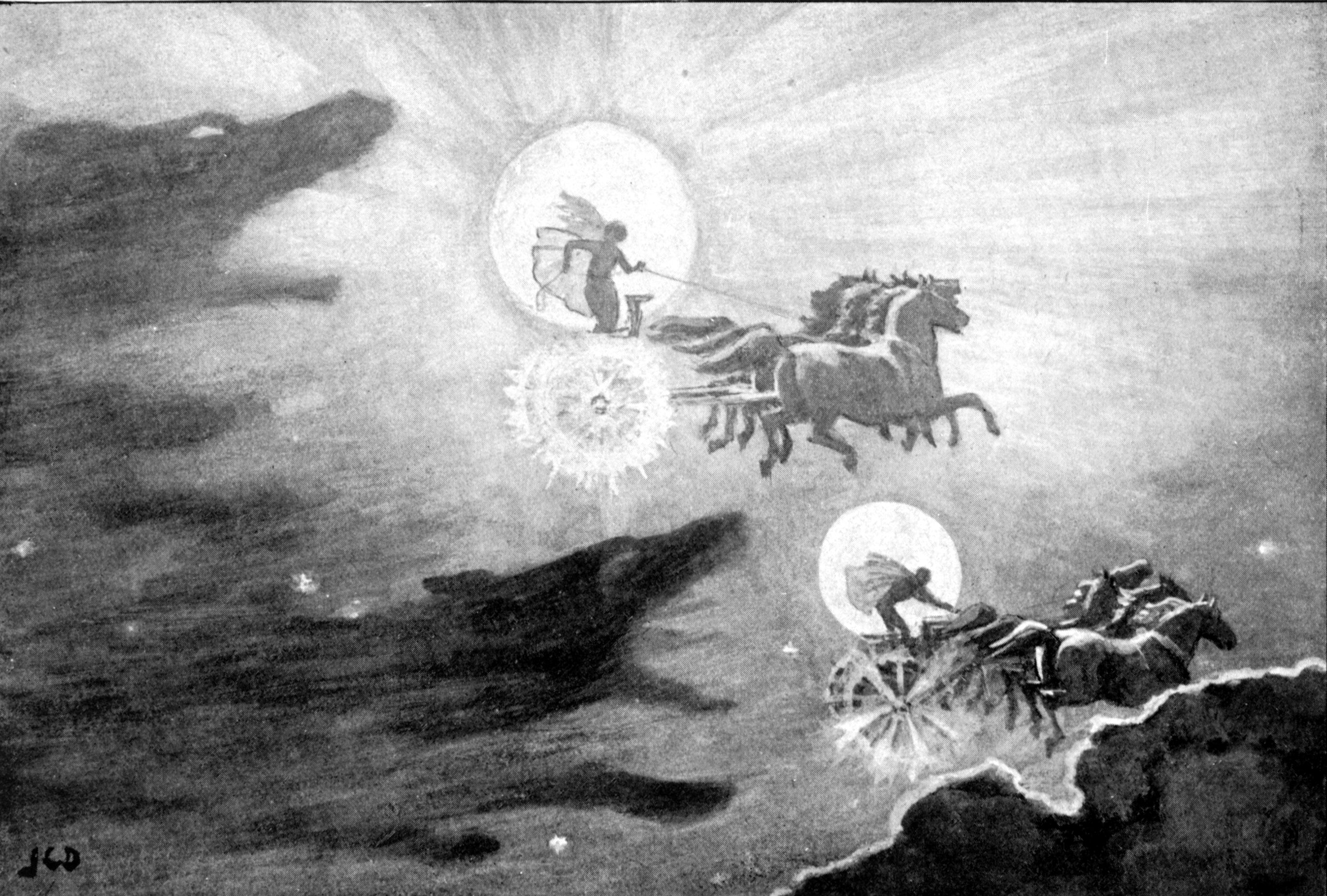 Hai con sói truy đuổi Sól và Máni (1909) - tranh của J.C. Dollman