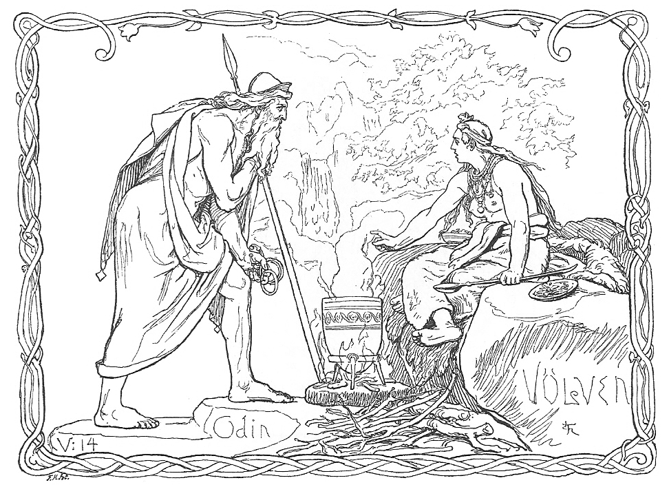 Óðinn và vǫlva (1895) – tranh của Lorenz Frølich